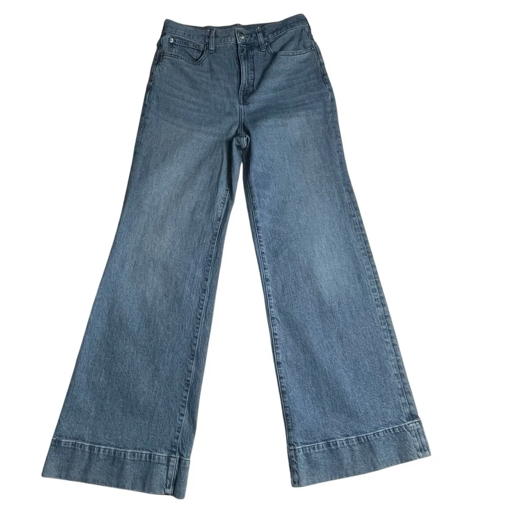 J Crew 96 Denim Trouser Jeans Size 28 High Rise Wide Leg Cuffed CF233 Blue - Picture 1 of 10